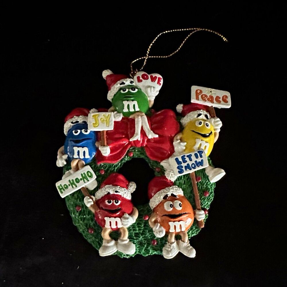 M&M's Multicolor  4” Christmas Wreath Ornament w/ Bow Joy Love Peace Let It Snow